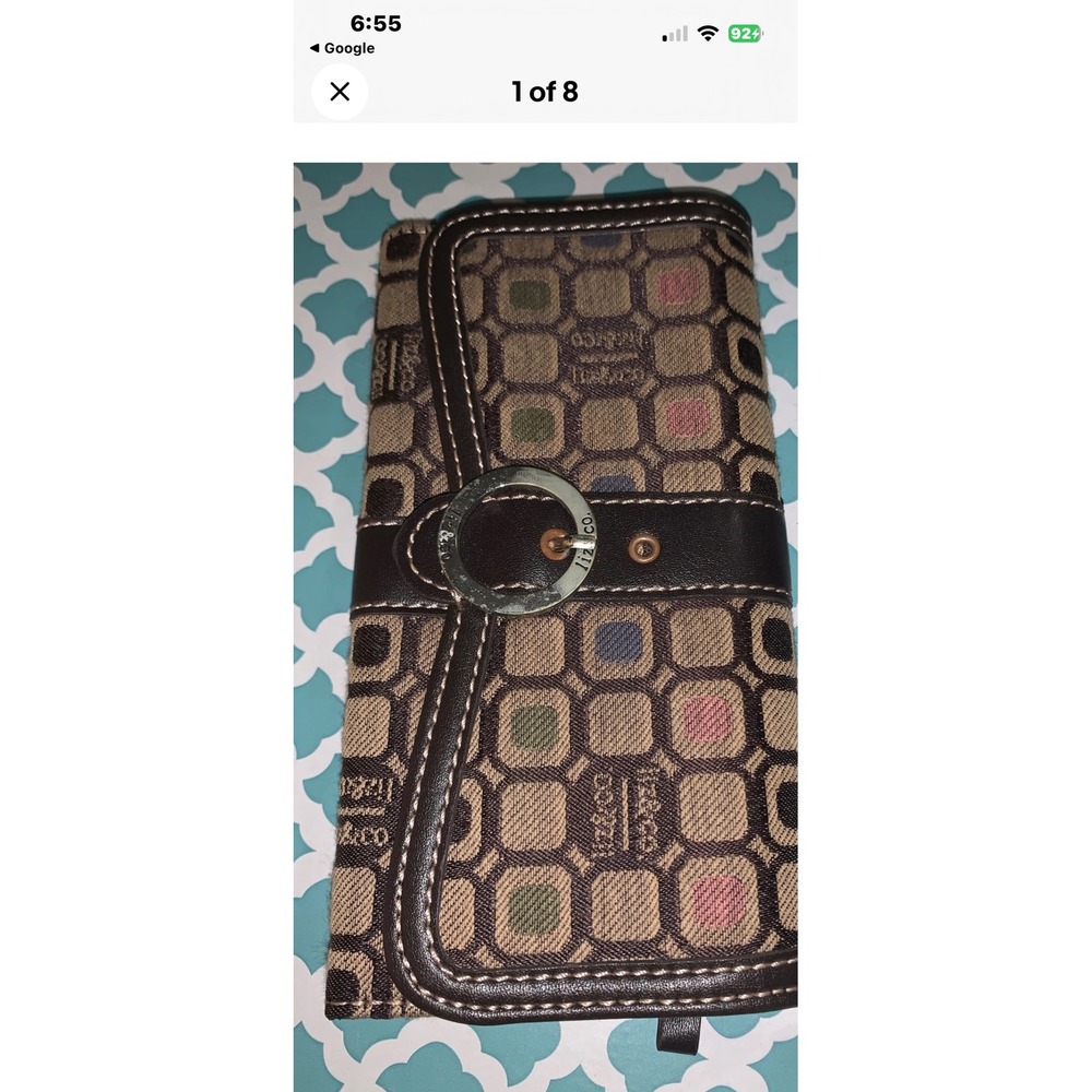 Liz & Co Womens Trifold Wallet Brown Geometric Logo Print Multi Color Buckle‎